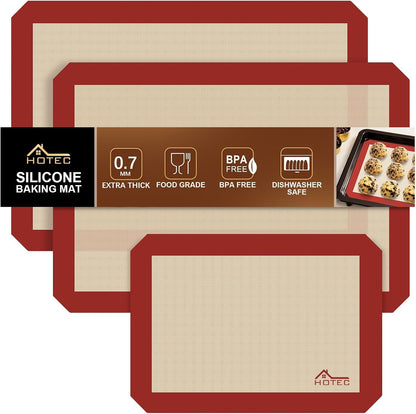 HOTEC Silicone Baking Mats 3 Pack – Non-Stick Reusable Silicone Baking Sheets for Oven – Cookie & Macaron Mats – 2 Half Sheet + 1 Quarter Sheet – BPA-Free, Dishwasher Safe