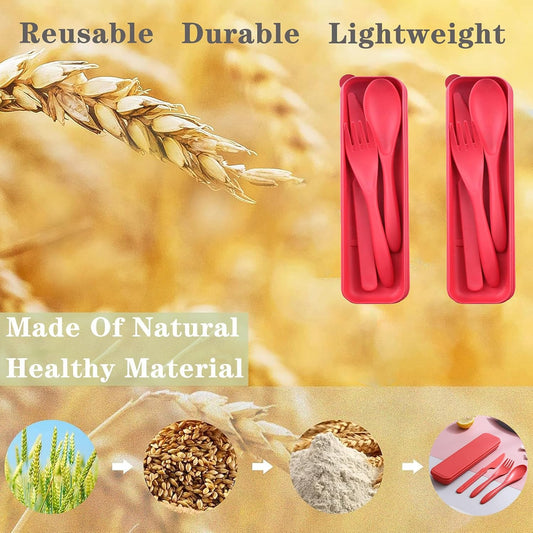 Reusable Travel Utensils Set with Case, 4 Sets Wheat Straw Portable Plastic Fork Spoons Knife Cutlery, Camping Eco-Friendly BPA Free Tableware for Kids Adults Work Picnic or Daily Use (Colorful)