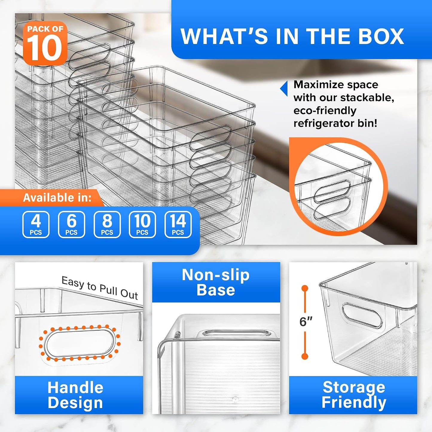 Lifemaster Multi-purpose Refrigerator Bins - 6 pieces Large Capacity Stackable Fridge Bin Organizer with Easy Grip Handles - Clear
