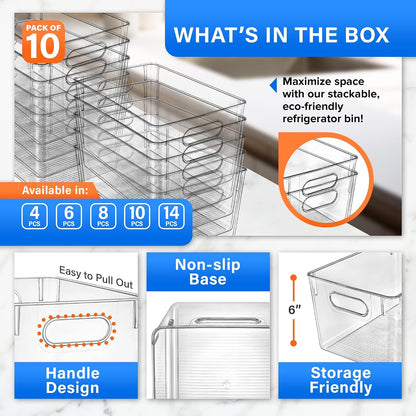 Lifemaster Multi-purpose Refrigerator Bins - 6 pieces Large Capacity Stackable Fridge Bin Organizer with Easy Grip Handles - Clear