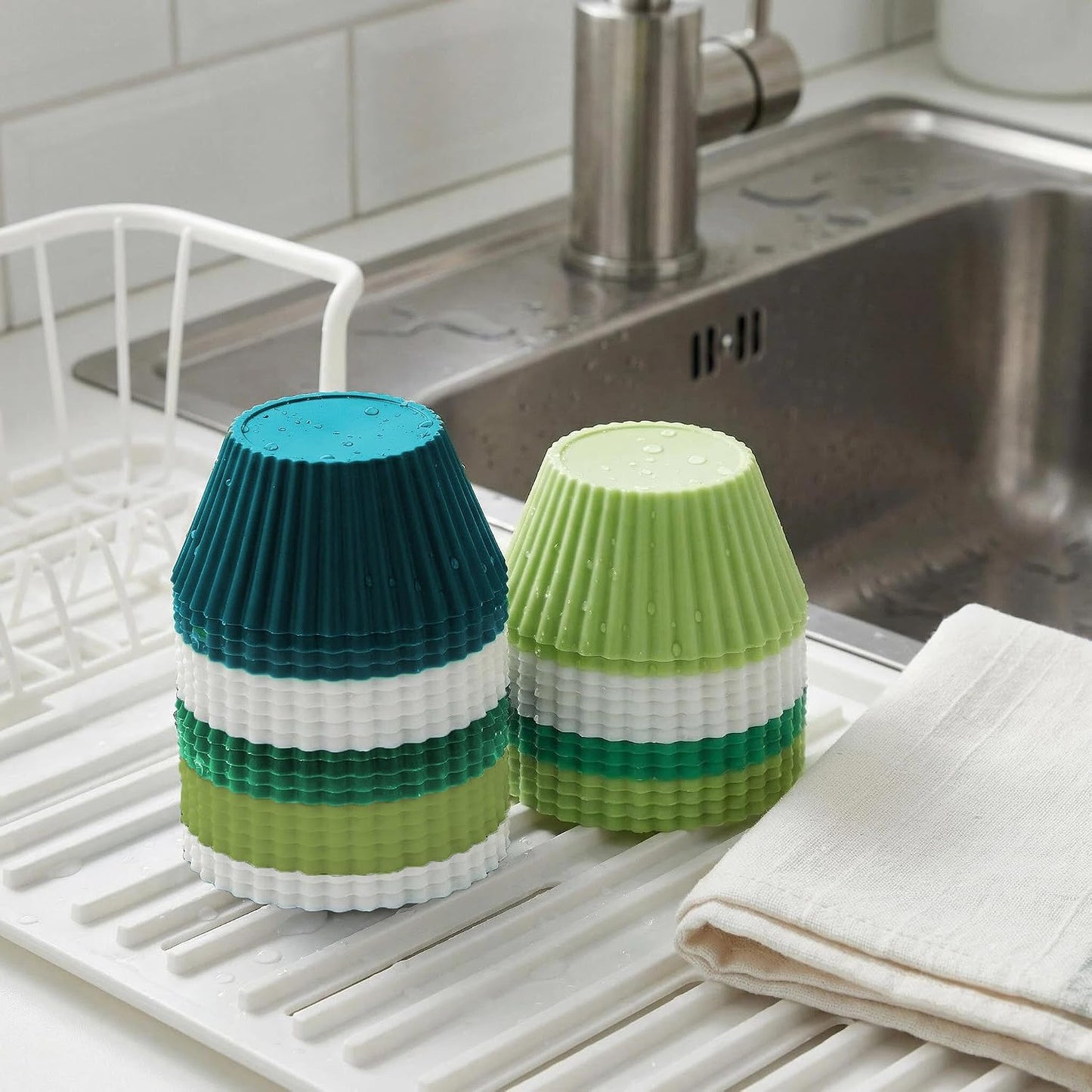 Reusable Silicone Cupcake Liners, BPA Free Silicone Muffin Cups for Baking, Oven Microwave Air Fryer Safe, 2.75 x 1.7 x 1.2 Inches, Dishwasher Safe Baking Cups, 8 Rainbow Colors, 24 Pack
