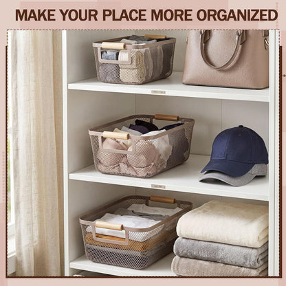 Mumufy 3 Pcs Metal Mesh Basket with Wooden Handles Wire Steel Organizer Bins Pantry Organizers Kitchen Baskets for Closet Cabinet Bathroom Fridge Food Snacks Organization (Warm Tapue,3 Sizes)