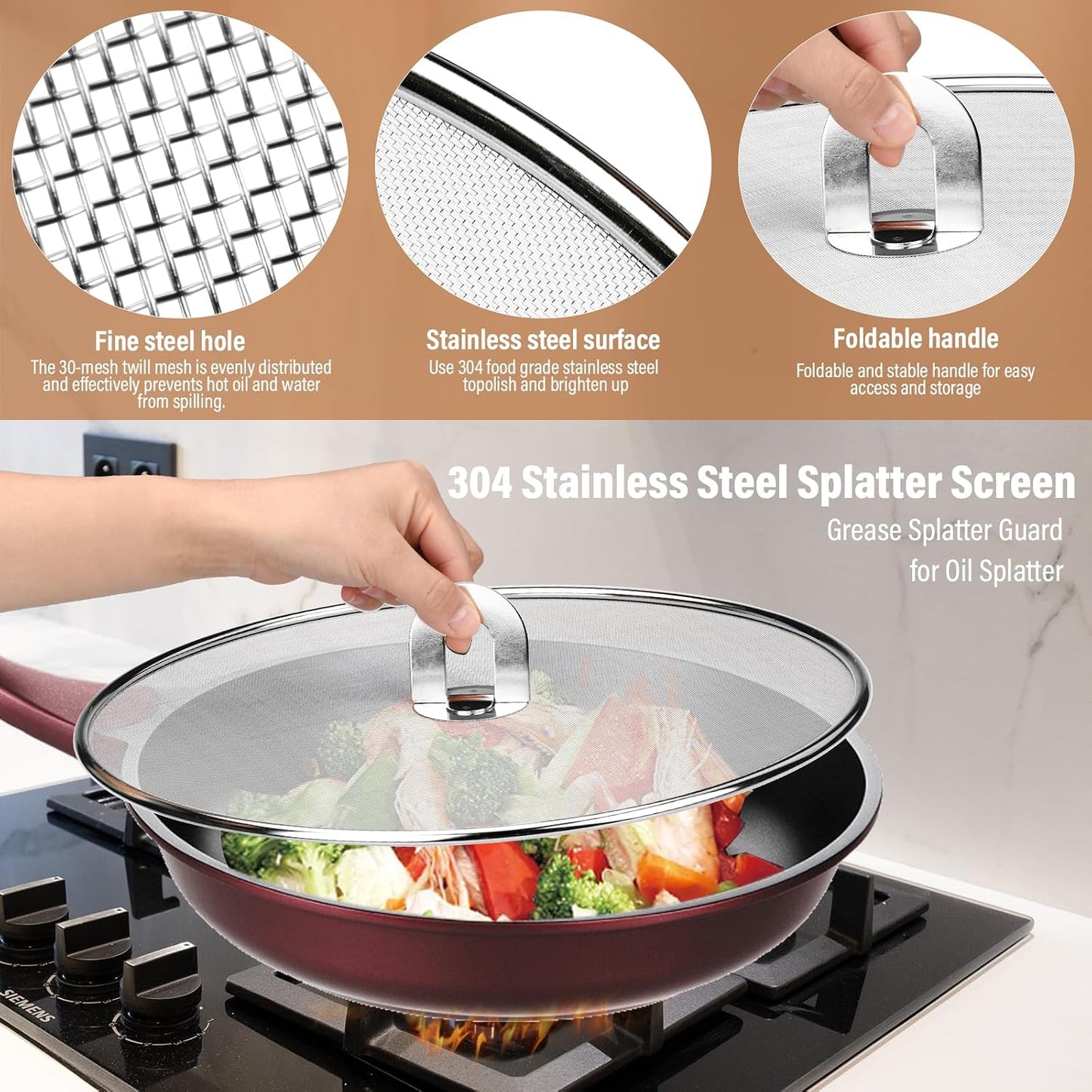 Splatter Screen for Frying Pan 13" 11.5" 9.8" Stainless Steel Fine Mesh Grease Splatter Guard with Comfort Silicone Handles and Resting Feet for Prevent Oil Splatter Safe Cooking