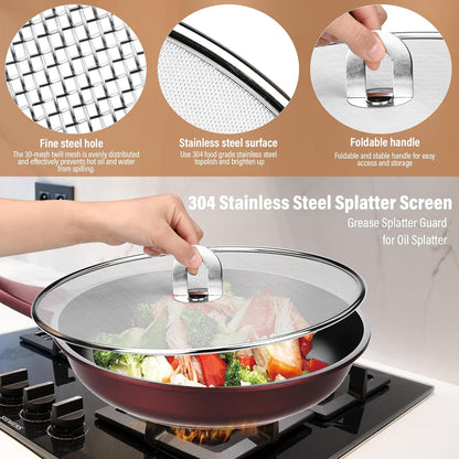 Splatter Screen for Frying Pan 13" 11.5" 9.8" Stainless Steel Fine Mesh Grease Splatter Guard with Comfort Silicone Handles and Resting Feet for Prevent Oil Splatter Safe Cooking