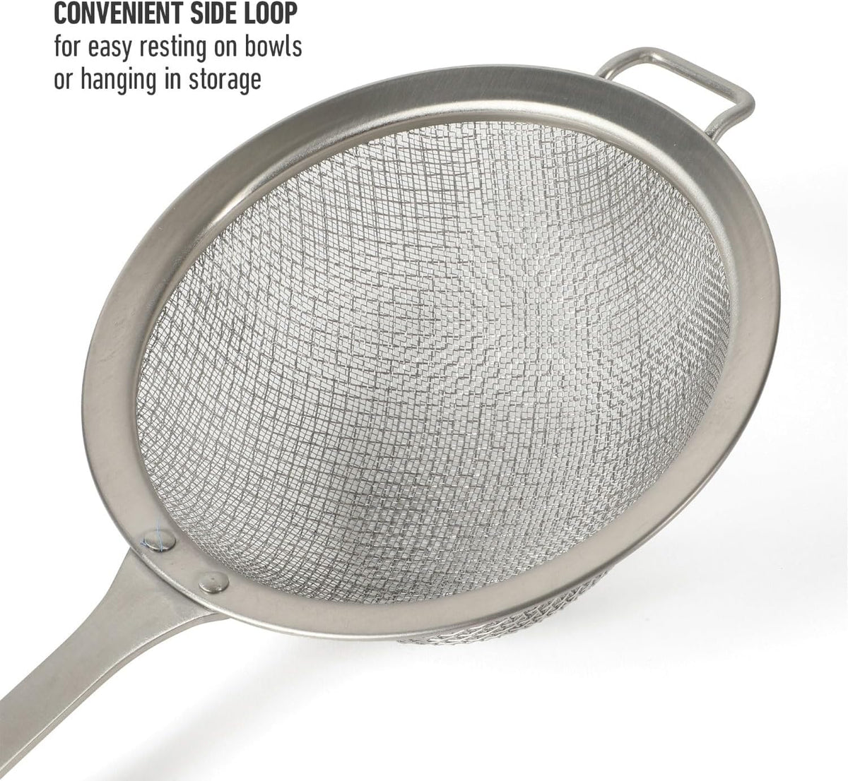 Calphalon Prime Edge 5-Inch Stainless Steel Strainer, Fine Mesh Kitchen Colander Strainer with Thermoplastic Rubber Handle, Sifter for Rinsing, Draining & Straining Food, Navy