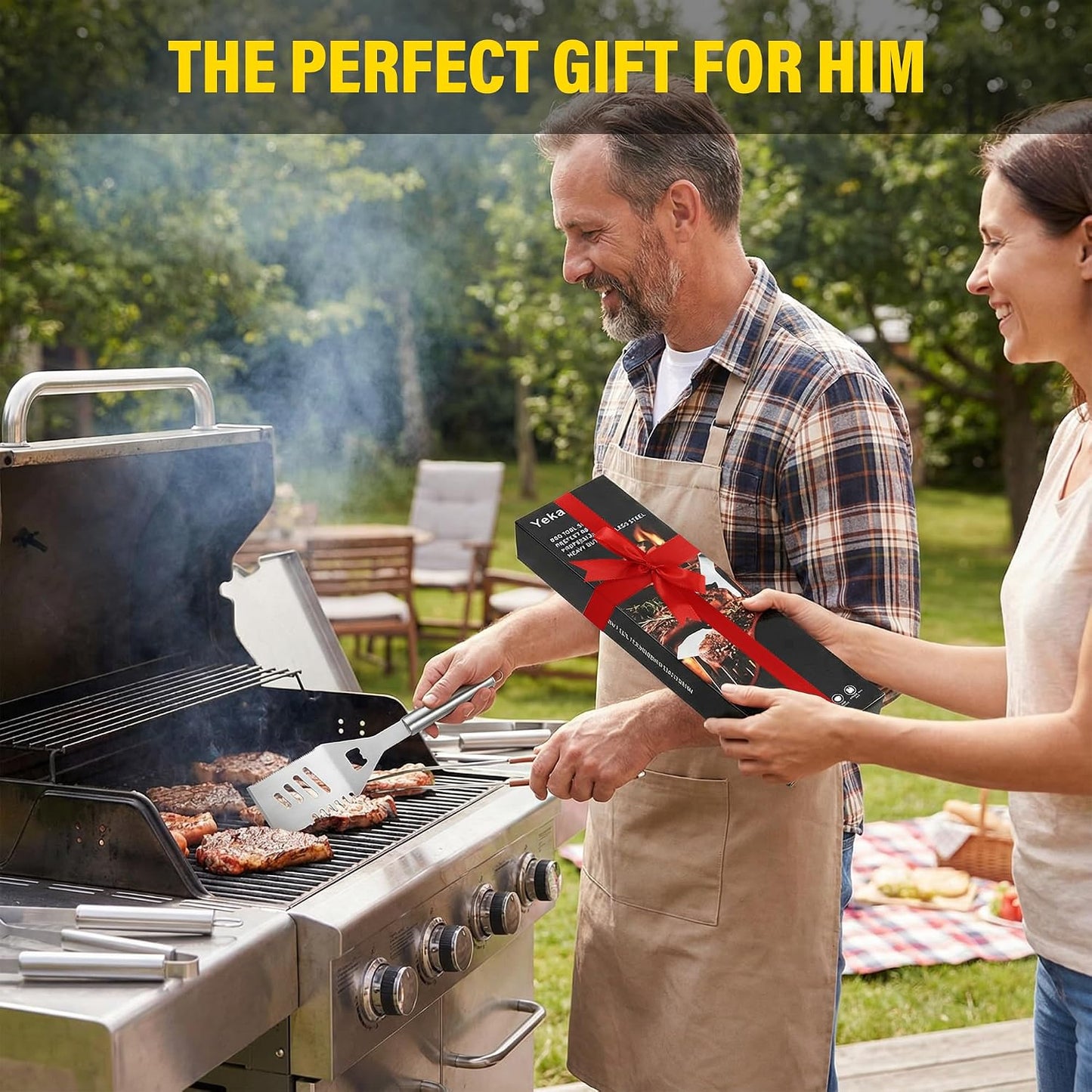 Yekale BBQ Grill Accessories Set, Grill Tools Grilling Accessories Grilling Gifts for Men - Spatula, Fork, Brush, Tongs & Cleaning Brush - Outdoor Barbecue Utensils Gifts for Men Dad Him (Sliver)