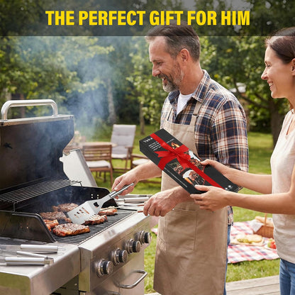 Yekale BBQ Grill Accessories Set, Grill Tools Grilling Accessories Grilling Gifts for Men - Spatula, Fork, Brush, Tongs & Cleaning Brush - Outdoor Barbecue Utensils Gifts for Men Dad Him (Sliver)