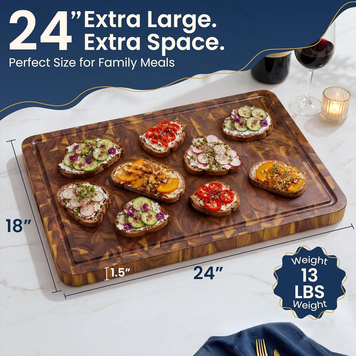 HOMESTEAD End Grain Acacia Wood Cutting Board 23x18x1.5, Reversible Butcher Block Board for Kitchen with Deep Juice Groove, Handles, Knife-Friendly Surface for Meat Chopping and Charcuterie Serving