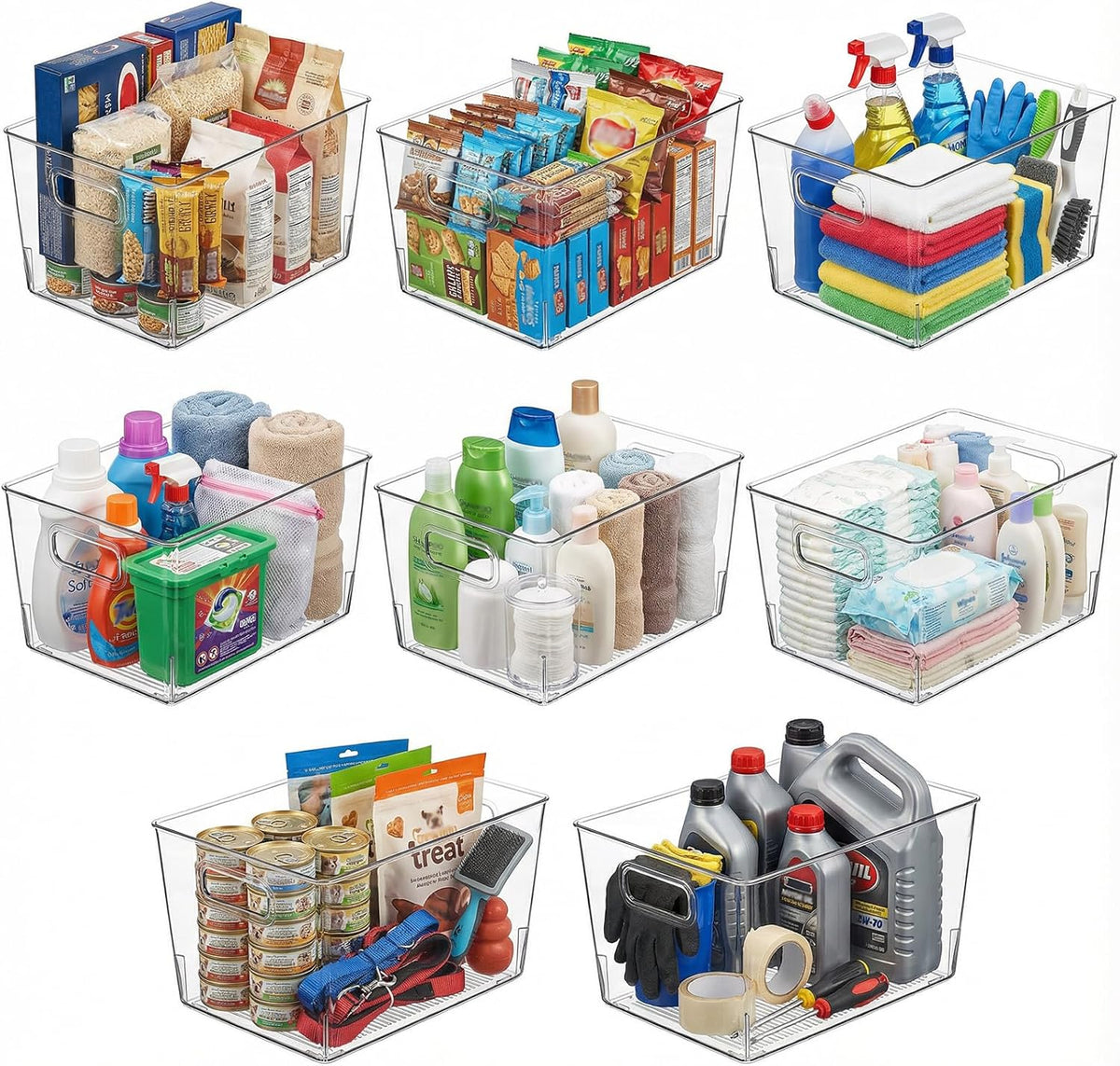 MOONEDGE 4 Pack Clear Plastic Organizer Bins, 2 Large & 2 Small Storage Set | Storage Bins for Pantry, Space-Saving Organizer Containers for Cabinets, Under-Sink, Bathroom, Kitchen, Freezer, Home Storage