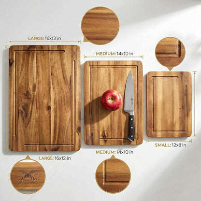 Acacia Wood Cutting Board Set of 3 with Stand - Thick Wooden Chopping Boards with Deep Juice Grooves - Non-Slip & Durable Wooden Boards for Meat & Vegetables (16x12, 14x10, 12x8) - Natural