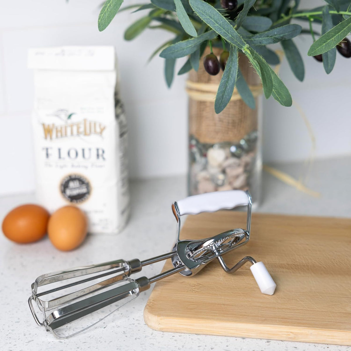 Fox Run Stainless Steel Manual Hand Mixer, White Retro Style Egg Beater