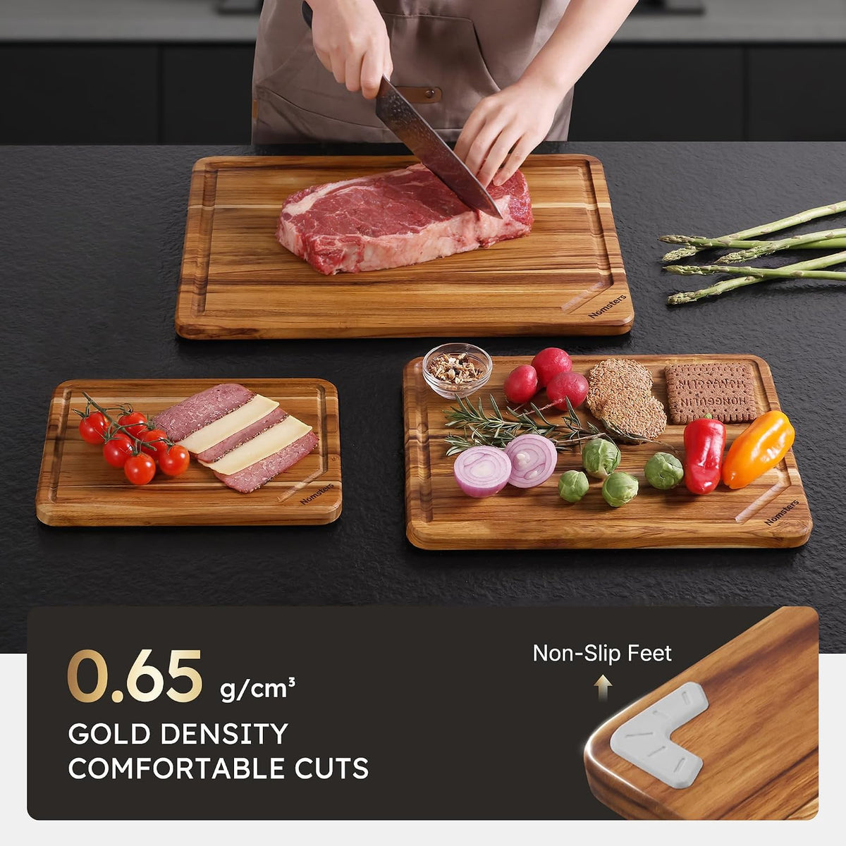 3 Pack Teak Wood Cutting Board Set for Kitchen Charcuterie Board Serving Heavy Duty Non Toxic Slip Hardwood Over Sink Solid Thick Haus Wooden Chopping Board Large Big Small Meat Best Essential Gift