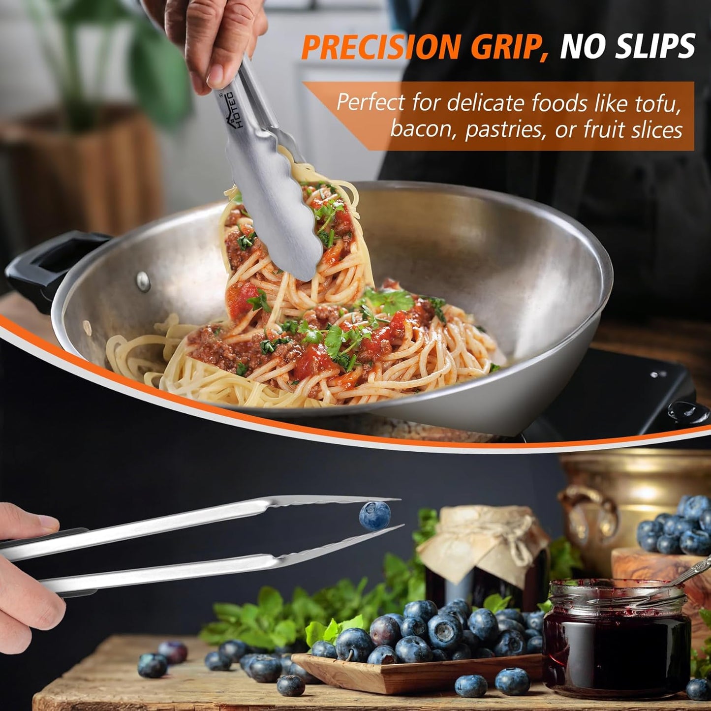 Hotec Stainless Steel Kitchen Tongs, Set of 3-7", 9" and 12", Locking Metal Food Tongs for Cooking, Serving, BBQ, Grill with Non-Slip Grip