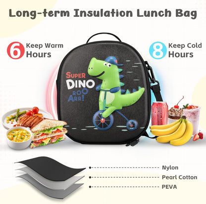 Reusable Insulated Lunch Bag for Kids Teens & Adults with Adjustable Shoulder Strap - Large Durable Lunch Bag Tote for School Travel Picnic Work - Leakproof Design Lunch Carrier (Black -3D Dinosaur)
