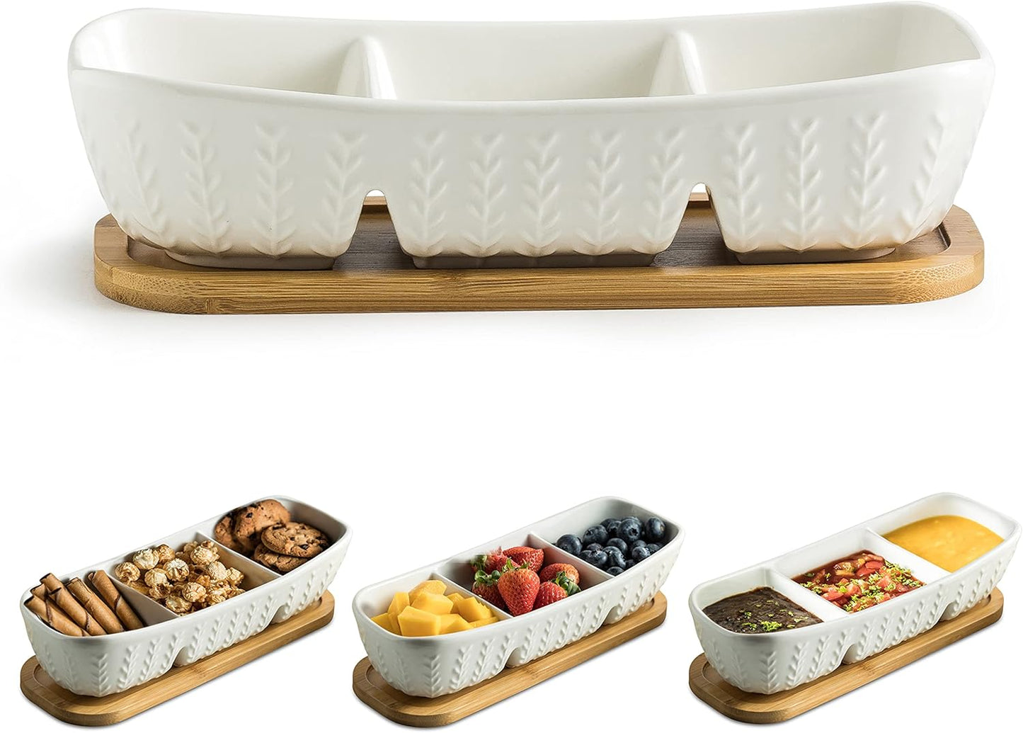 Miamolo 3 Compartment Condiment Tray, Chip and Dip Bowl with Wooden Serving Tray, Perfect for Snacks, Appetizers, Charcuterie, Chips, Candy, 10-inch Chip and Dip Serving Set for Parties