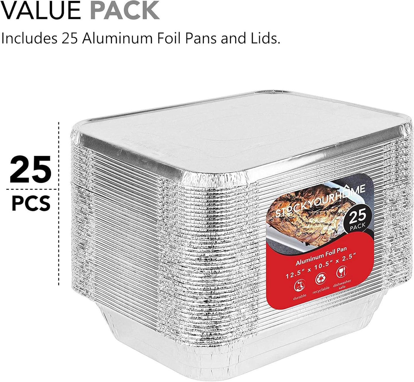 Stock Your Home 9x13 Aluminum Trays with Lids (10 Pack) – Disposable Half Size Deep Pans for Cooking, Storage, BBQ, Grilling, Catering