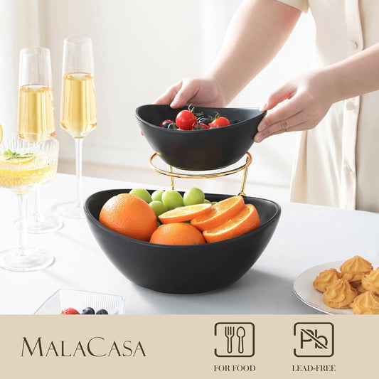 MALACASA 2 Tier Chip and Dip Serving Set with Metal Stand,Ceramic Appetizer Bowls for Party, Multi-Use Food Display for Fruits, Snacks,White Elegant Tiered Serving Dishes for Party