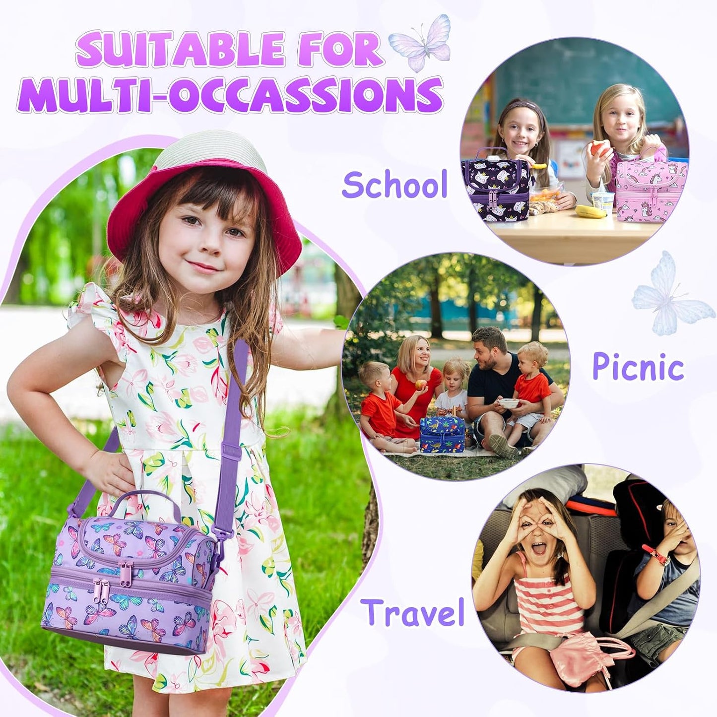 Lunch Bag for Girls,ChaseChic Insulated Lightweight Lunch Boxes for Kids Boys Dual Compartment Lunch Organizer Leak-Proof Cooler Bag with Detachable Adjustable Shoulder Strap,Purple Butterflies