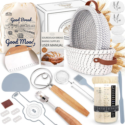 Sourdough Starter Kit, Sourdough Bread Baking Supplies, Sour Dough Starter Kits, Woven Bread Proofing Basket, Sourdough Kit Jar Sour Dough Bread Making Tools Kit Accessories, Gifts for Women Mom Wife