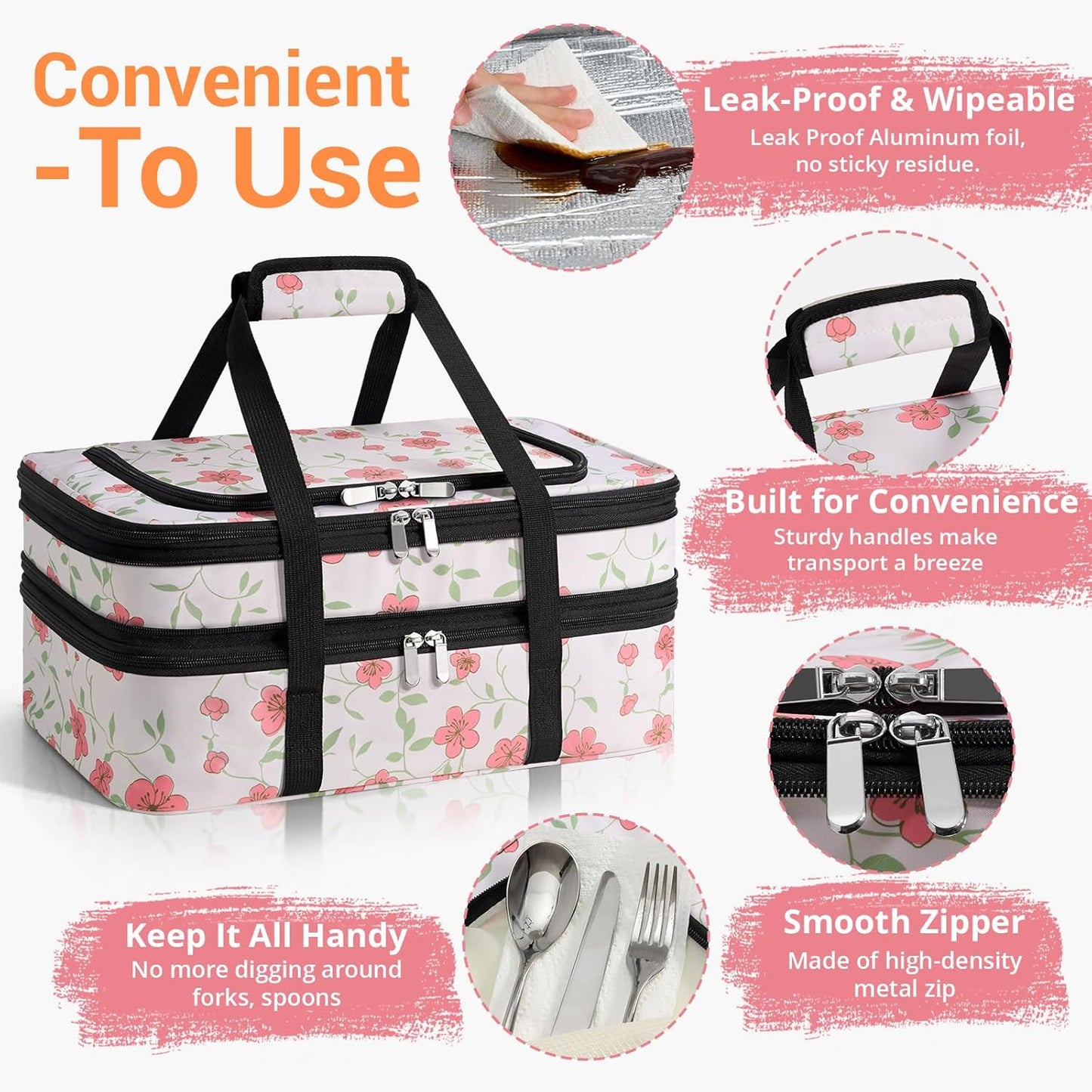 Double Insulated Casserole Carrier - Portable Casserole Carriers for Hot or Cold Food Lunch Tote Warmer or Cooler Bag for Potluck Parties Picnic Cookouts, Fits 9" x 13" Baking Dish - Grey
