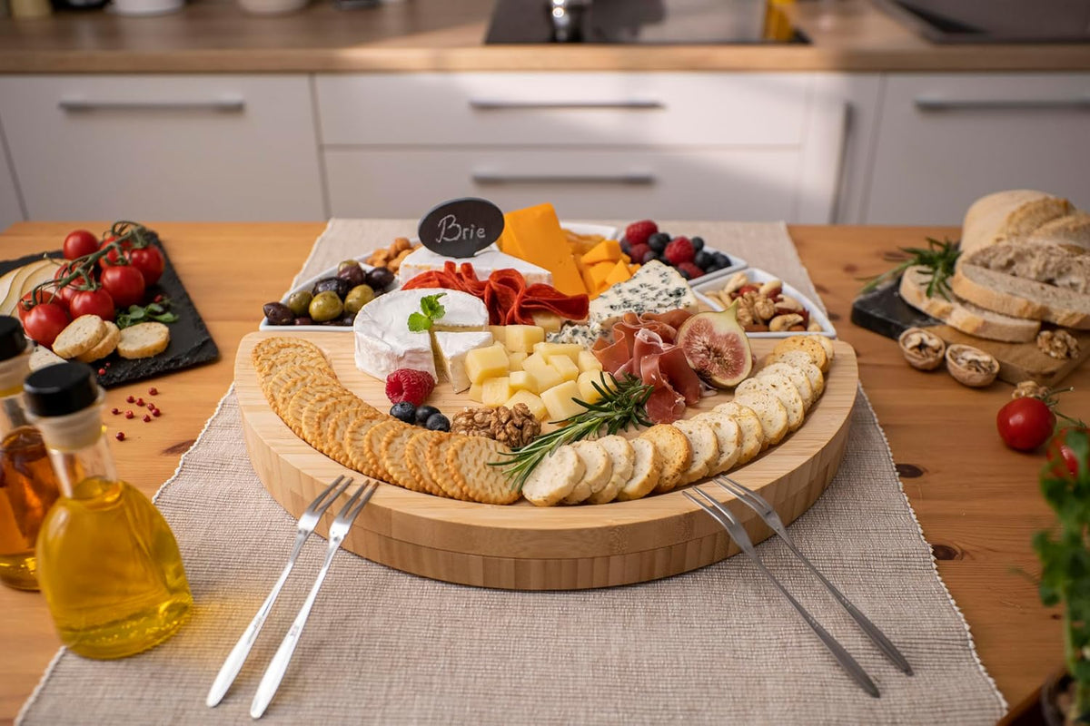 ChefSofi Charcuterie Board Set and Cheese Serving Platter - Made from Bamboo Wood - US Patented 13 inch Cheese Board and Knife Set for Entertaining and Serving - 4 Knives and 4 Bowls