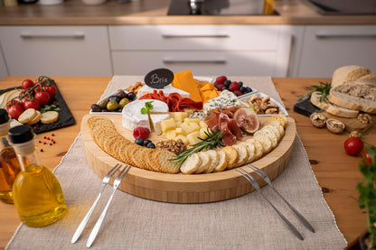 ChefSofi Charcuterie Board Set and Cheese Serving Platter - Made from Bamboo Wood - US Patented 13 inch Cheese Board and Knife Set for Entertaining and Serving - 4 Knives and 4 Bowls