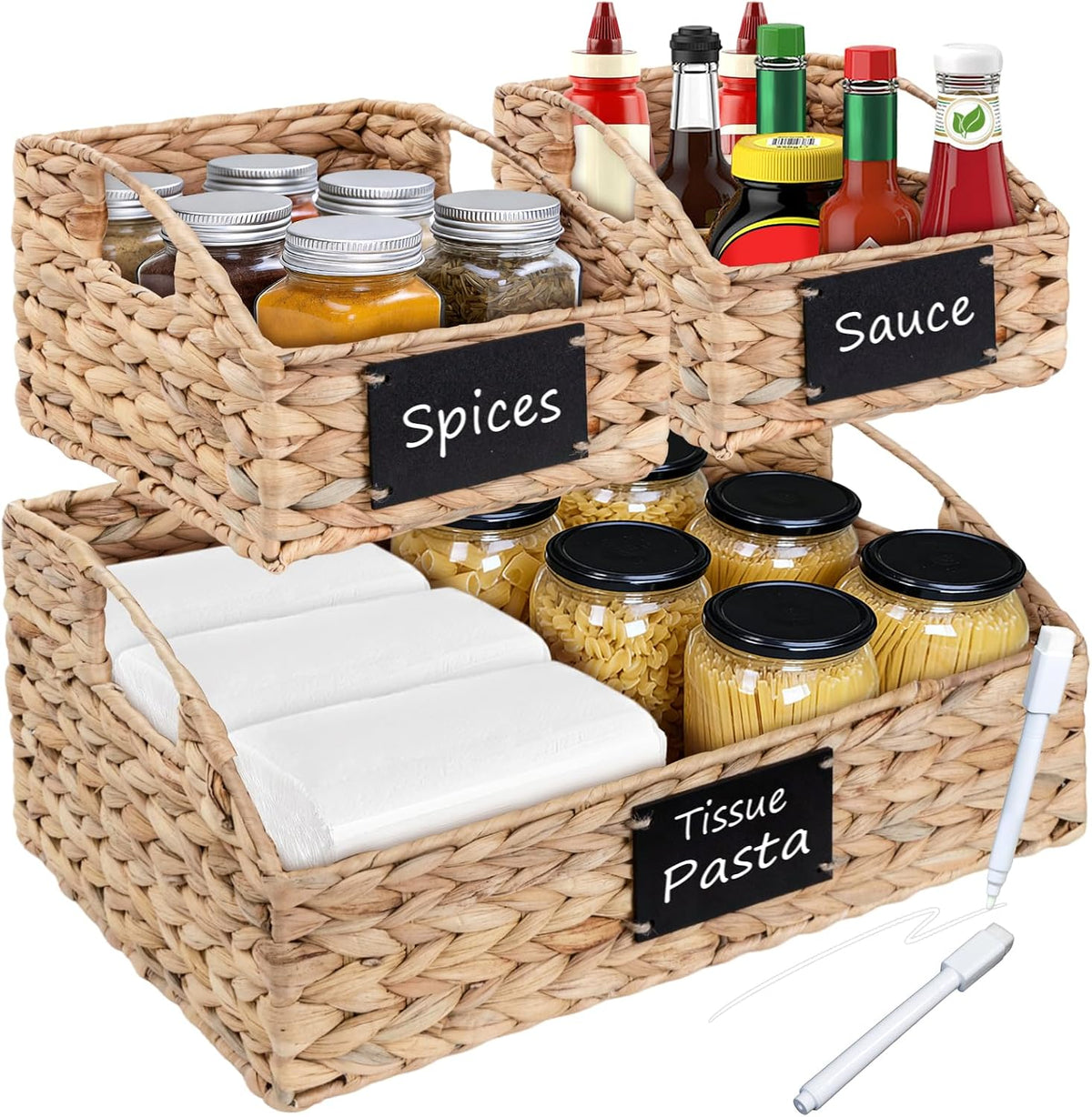 Set of 4 Sizes Hand-Woven Pantry Shelf Baskets, Hyacinth Storage Baskets with Chalkboard Labels & 2 Chalk Markers, Wicker Nestable Basket Set for Organizing Pantry Kitchen Laundry Shelves (Brown)