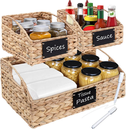 Set of 4 Sizes Hand-Woven Pantry Shelf Baskets, Hyacinth Storage Baskets with Chalkboard Labels & 2 Chalk Markers, Wicker Nestable Basket Set for Organizing Pantry Kitchen Laundry Shelves (Brown)