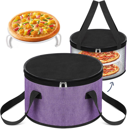 Yaomiao 2 Set Round Pie Carrier 11 x 7 Inch with Dish Tray Plate Stacker Insulated Casserole Carrier with Lid and Handle Reusable Cooler Thermal Bag for Cold Food for Potluck Picnic (Black and Purple)