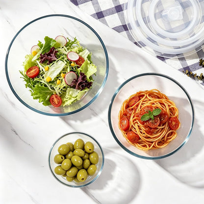 E-far Glass Mixing Bowls with Airtight Lids Set of 3, 4.8,2.9,0.8 Qt Clear Glass Salad Bowls for Cooking Prep Baking Serving, Large Nesting Bowls for Storage Sourdough Proofing, Dishwasher Safe