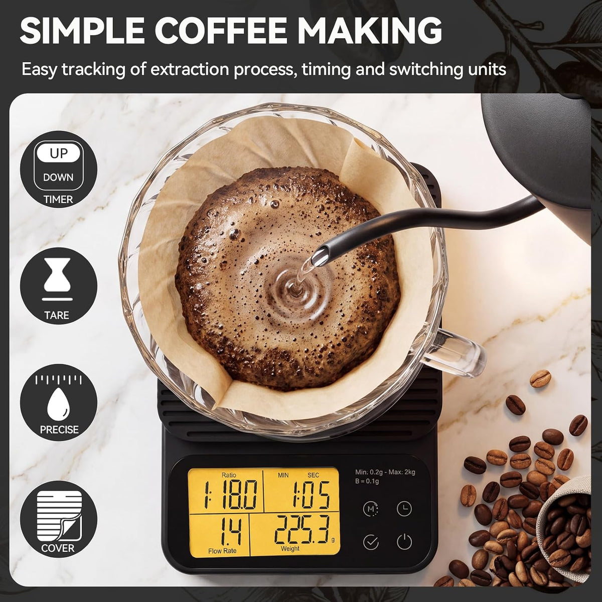 Pour Over Coffee Scale with Timer, 0.1g Precision, 2kg Capacity