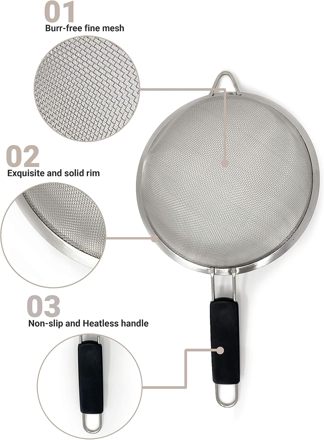 Fine Mesh Strainer Set of 3, Stainless Steel with Insulated Handle Sieves