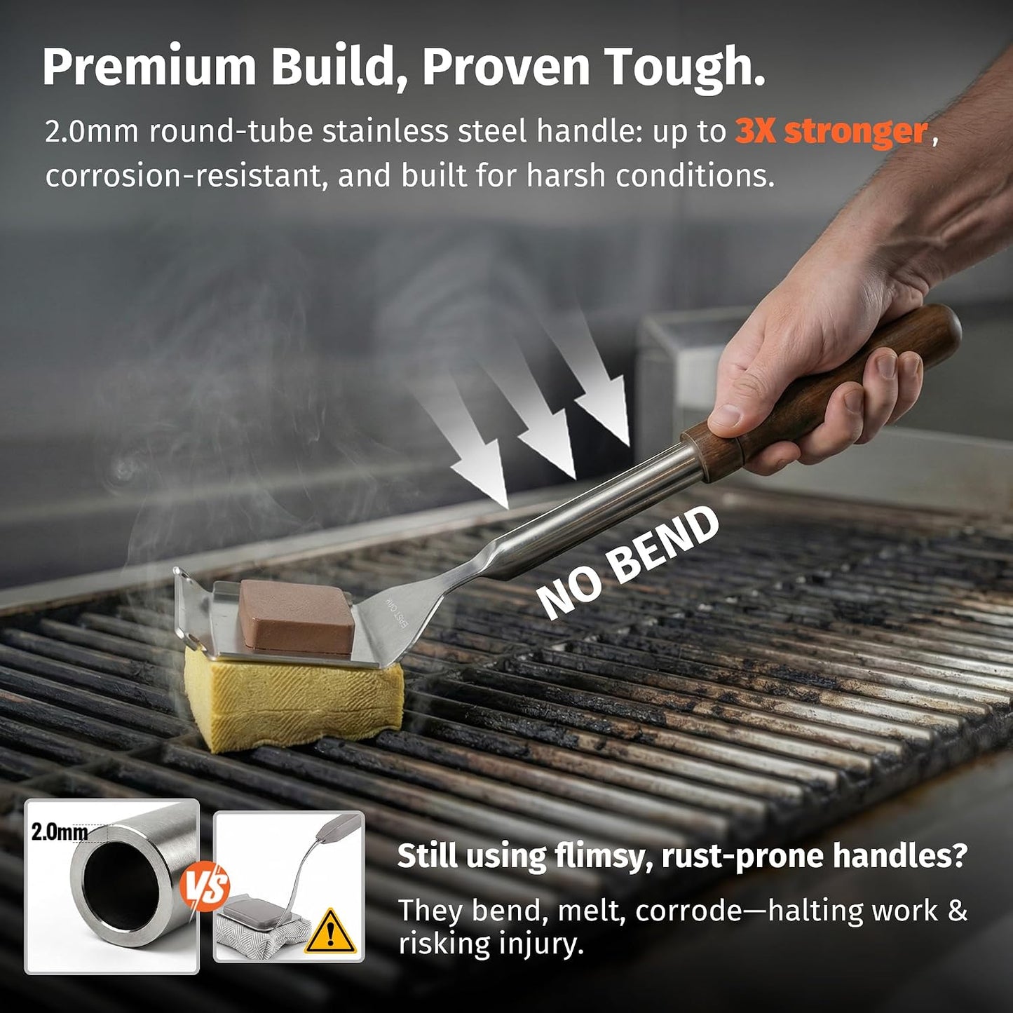 East Oak Bristle-Free Grill Brush, 2mm Thick Stainless Steel Rod, Heat-Resistant Aramid Sponge Head (900°F), Steam Cleaning Brush with Scraper, Safe for Cast Iron & Stainless Steel Grates