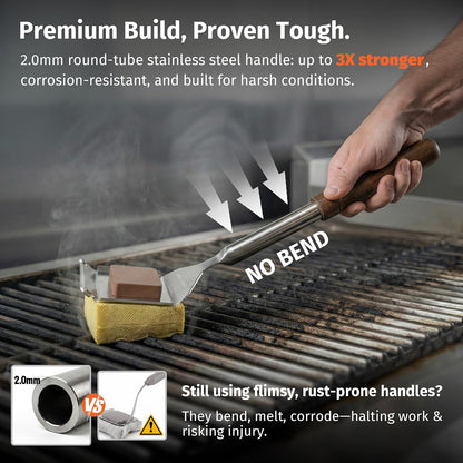 East Oak Bristle-Free Grill Brush, 2mm Thick Stainless Steel Rod, Heat-Resistant Aramid Sponge Head (900°F), Steam Cleaning Brush with Scraper, Safe for Cast Iron & Stainless Steel Grates