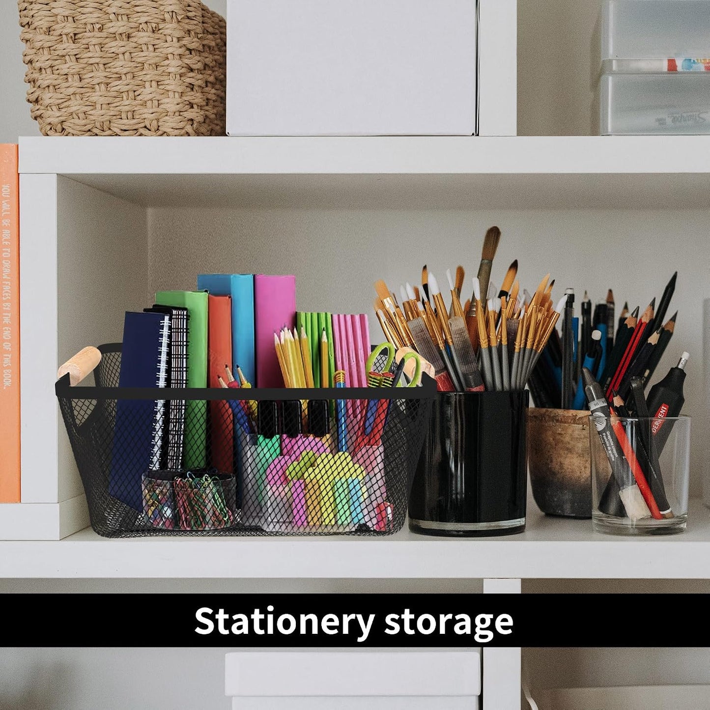 2Pack Metal Mesh Steel Basket with Bamboo Handle - Wire Metal Basket for Kitchen Organization, 12" Wide Food Organizer Bin, Perfect for Organizing Bulk Pantry (WHITE)