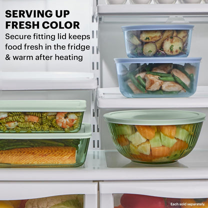 Pyrex Colors (3-Pack, Full Set) Sculpted Tinted Glass Mixing Bowls With Plastic Lids, Nesting Space Saving Set of Bowls For Prepping and Baking, 1.3QT, 2.3QT & 4.5Q, (Pink, Green, Blue)