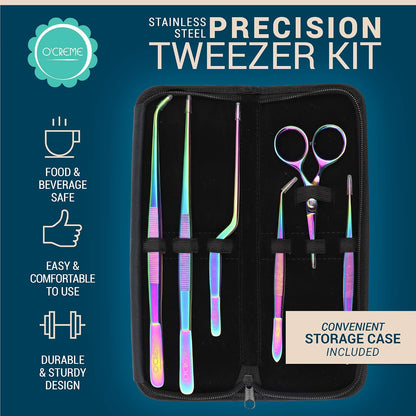 O'Creme Set of Culinary Tweezer Tongs Offset, Straight and Curved, Plus Super Sharp Chef Scissors, Total 6 Pieces (Rose Gold)