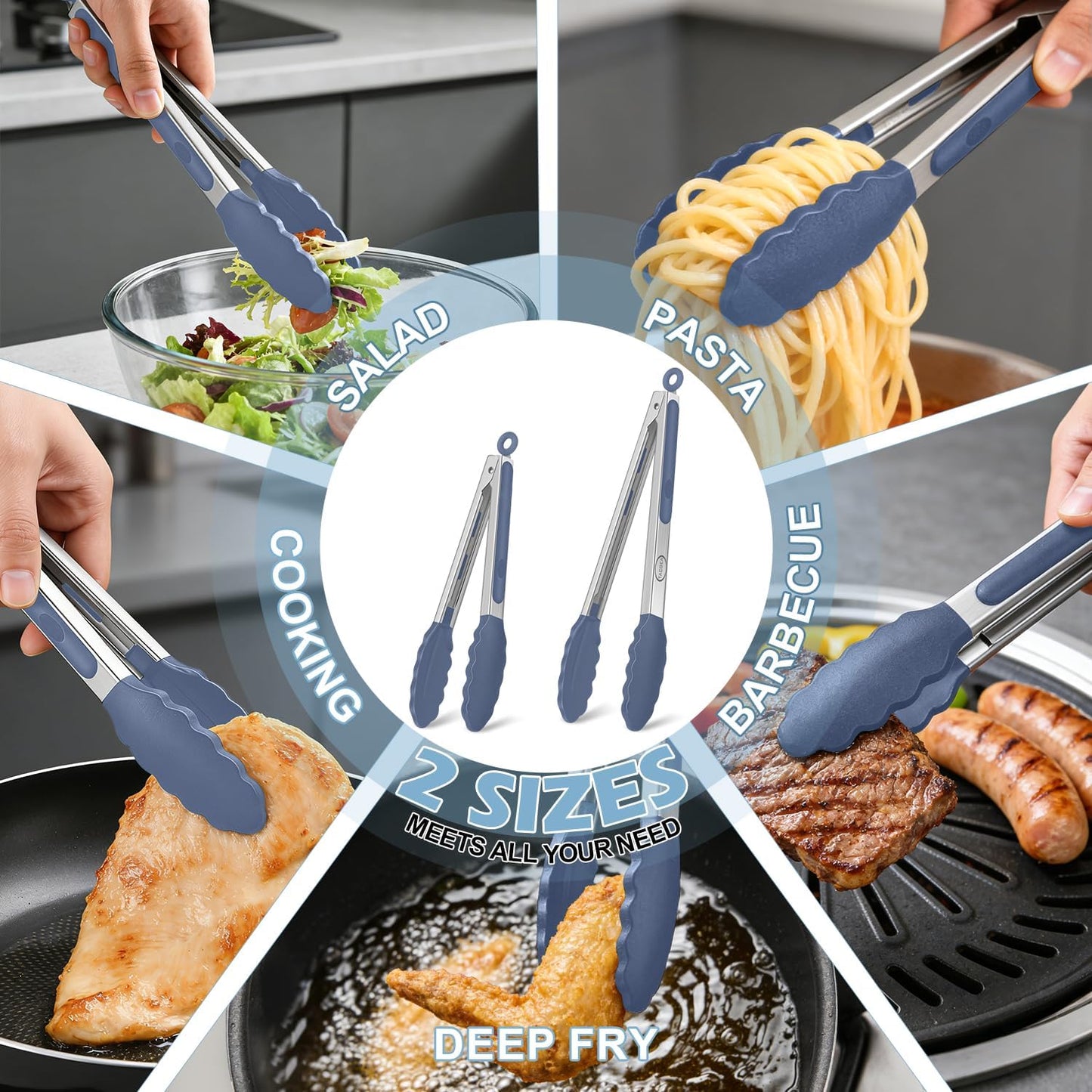 TACGEA Stainless Steel Kitchen Tongs with Silicone Tips, Locking Grilling Food Tongs, 7" 9" and 12", Set of 3 Black