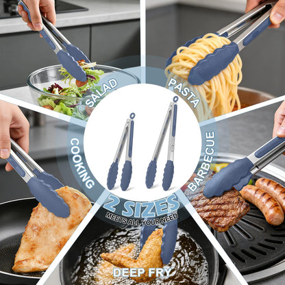 TACGEA Stainless Steel Kitchen Tongs with Silicone Tips, Locking Grilling Food Tongs, 7" 9" and 12", Set of 3 Black