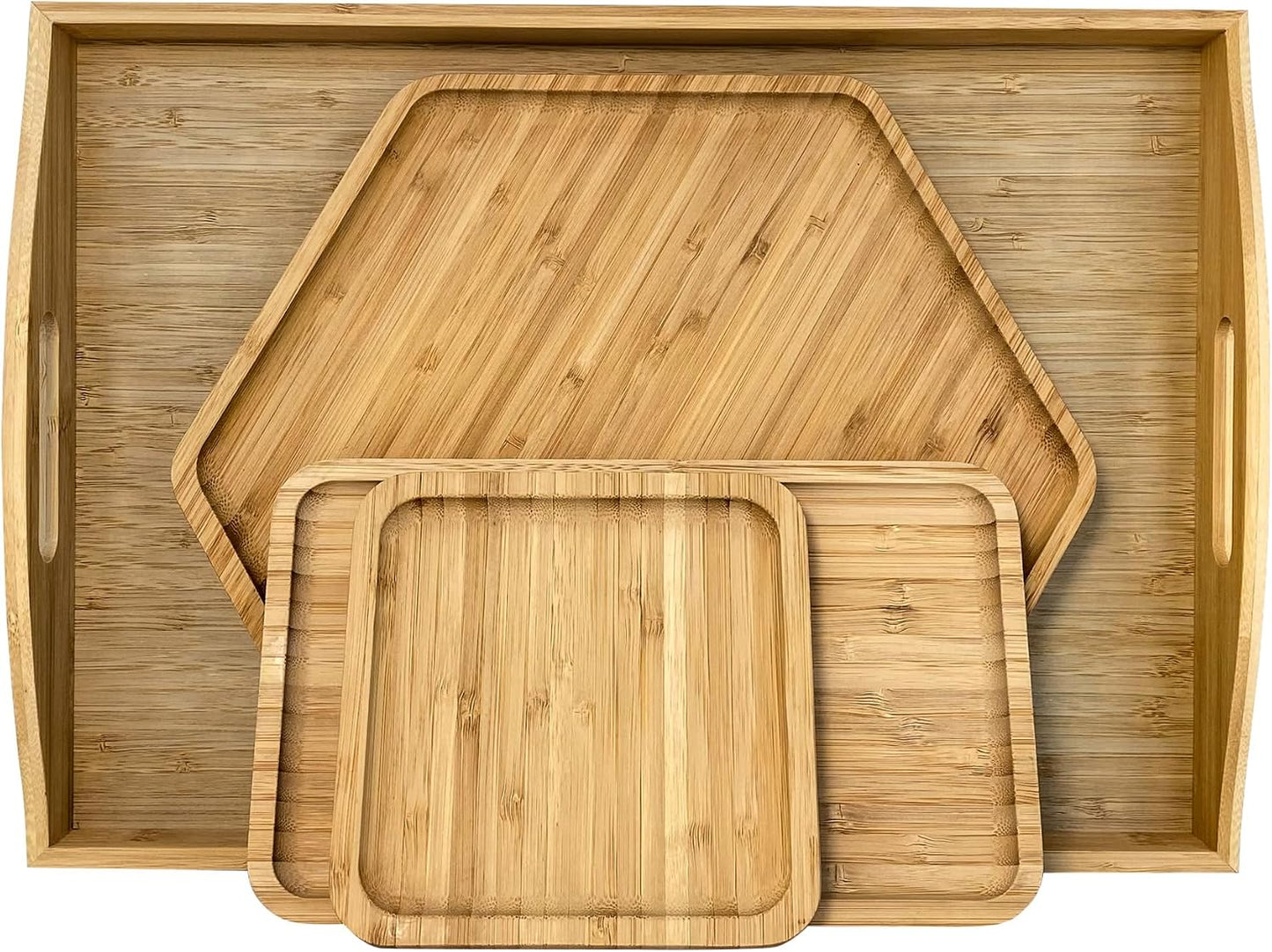 Bamboo Serving Trays Charcuterie Platter 16.5"x11.8"（42x30cm with Handle, Set Includes 1xHexagon 12.5"(32cm)+1xSquare 7.8"(20cm)+1xSquare 5.9"(15cm) Small Plates for Family Dinner