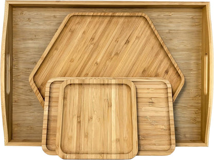 Bamboo Serving Trays Charcuterie Platter 16.5"x11.8"（42x30cm with Handle, Set Includes 1xHexagon 12.5"(32cm)+1xSquare 7.8"(20cm)+1xSquare 5.9"(15cm) Small Plates for Family Dinner