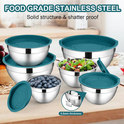 LIANYU Stainless Steel Mixing Bowls Sets of 6, Large 7, 3.5, 2.5, 2, 1.5, 1QT Size with Transparent Airtight Lids, Metal Nesting Serving Bowl Sets for Home Kitchen, Dishwasher & Freezer Safe, Black