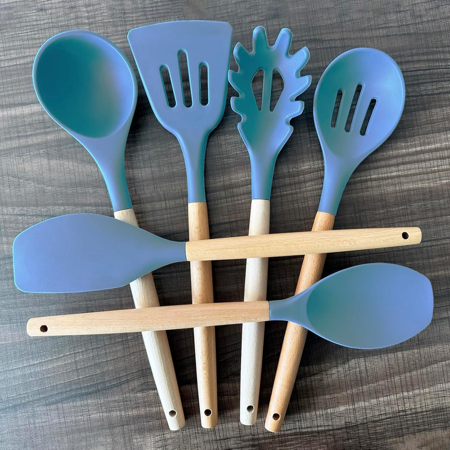 Kitchen Cooking Utensils Set, 6Pcs Silicone Kitchen Utensils Set Spatula Spoon Soup Ladle Turner, Heat Resistant Wooden Handle Silicone Cooking Gadgets for Nonstick Cookware & Baking BPA FREE