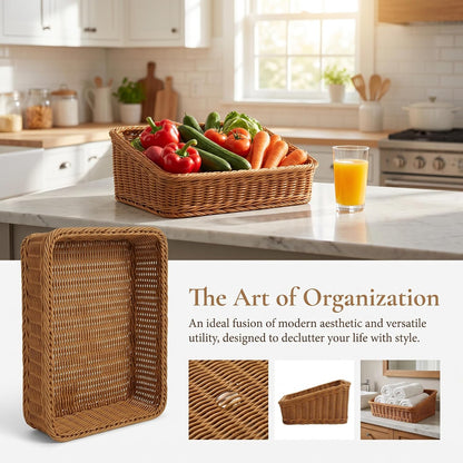 Woven Serving Basket, Rectangle Rattan Organizer Bins, Decorative Tabletop Baskets for Pantry Bathroom, Plastic Wicker Storage Basket for Bread Vegetables Fruit Snacks, Brown 35×25×12cm