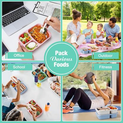 Caperci Bento Lunch Box Containers for Adults & Kids - 3-Compartment Reusable Meal Prep Containers with 2 Sauce Containers for School, Work, Travel, Wheat Straw, 4-Pack (Vintage Colors)