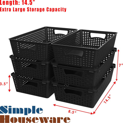 Simple Houseware Plastic Stackable Storage Basket Pantry Organizer, 6 Pack, 14.5" x 8.5" x 3.5", White
