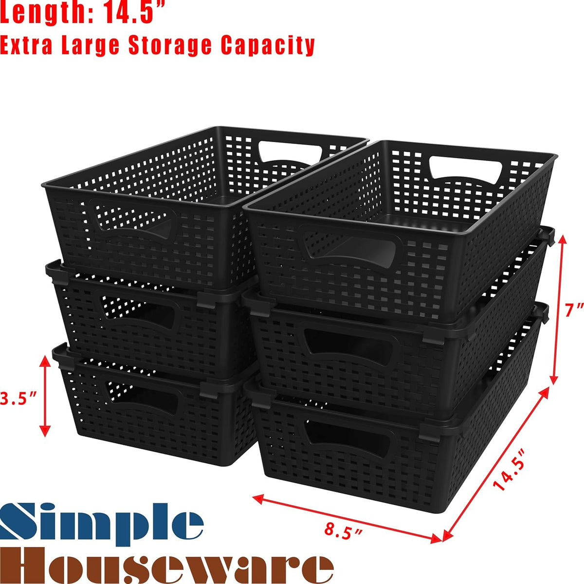 Simple Houseware Stackable Plastic Woven Basket Organizer, 6 Pack, White | 14.5" D x 8.5" W x 3.5" H