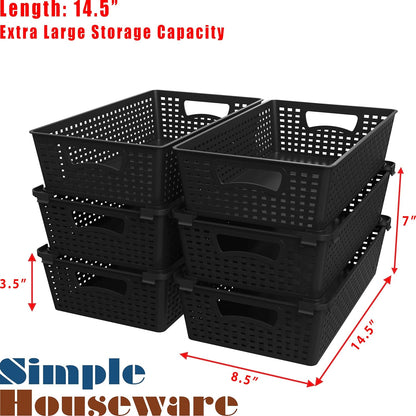 Simple Houseware Stackable Plastic Woven Basket Organizer, 6 Pack, White | 14.5" D x 8.5" W x 3.5" H