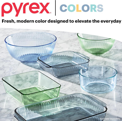 Pyrex Colors (3-Pack, Full Set) Sculpted Tinted Glass Mixing Bowls With Plastic Lids, Nesting Space Saving Set of Bowls For Prepping and Baking, 1.3QT, 2.3QT & 4.5Q, (Pink, Green, Blue)