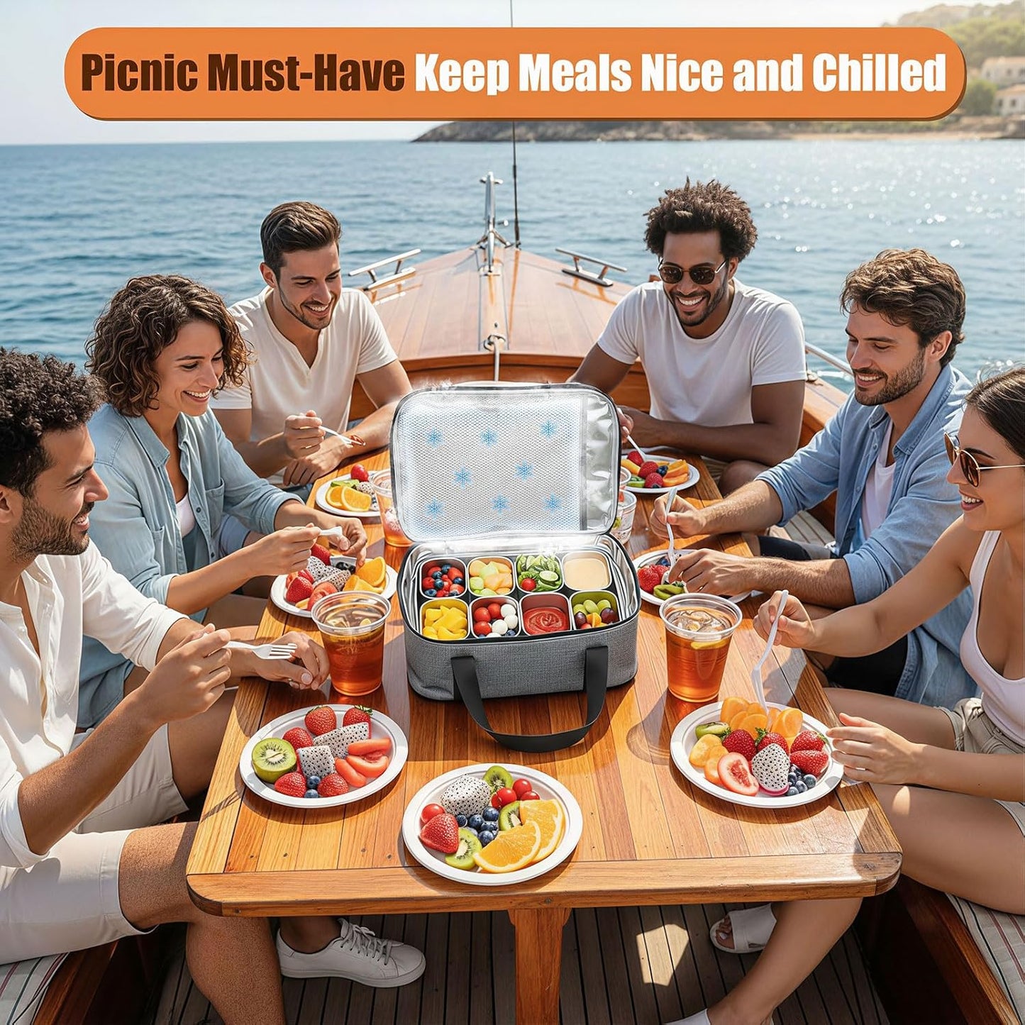 Portable Snackle Box Container with Ice Pack,Snack Container Divided Serving Tray Insulated Bag, Cooling Travel Snacklebox with Lid & Handle,8 Compartment Chilled Serving Tray for Beach,Outdoor,Picnic
